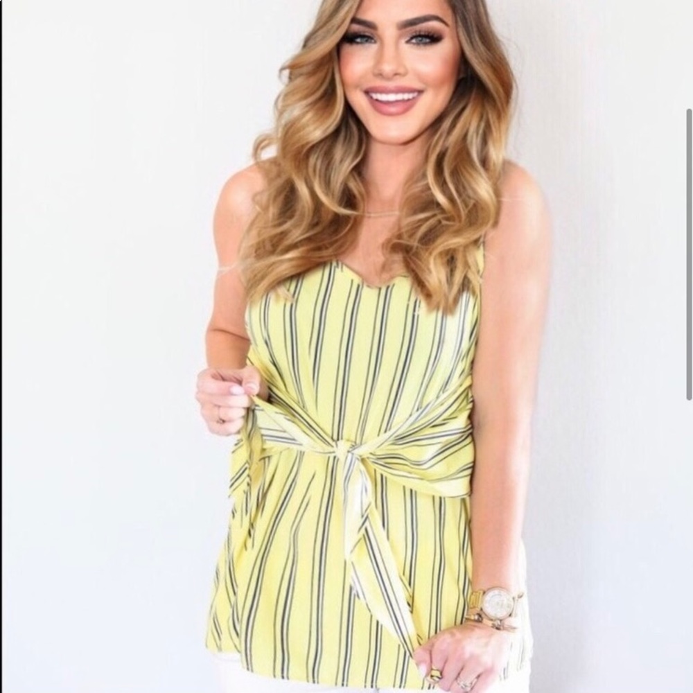 Yellow spring summer striped tie front top - Picture 2 of 4